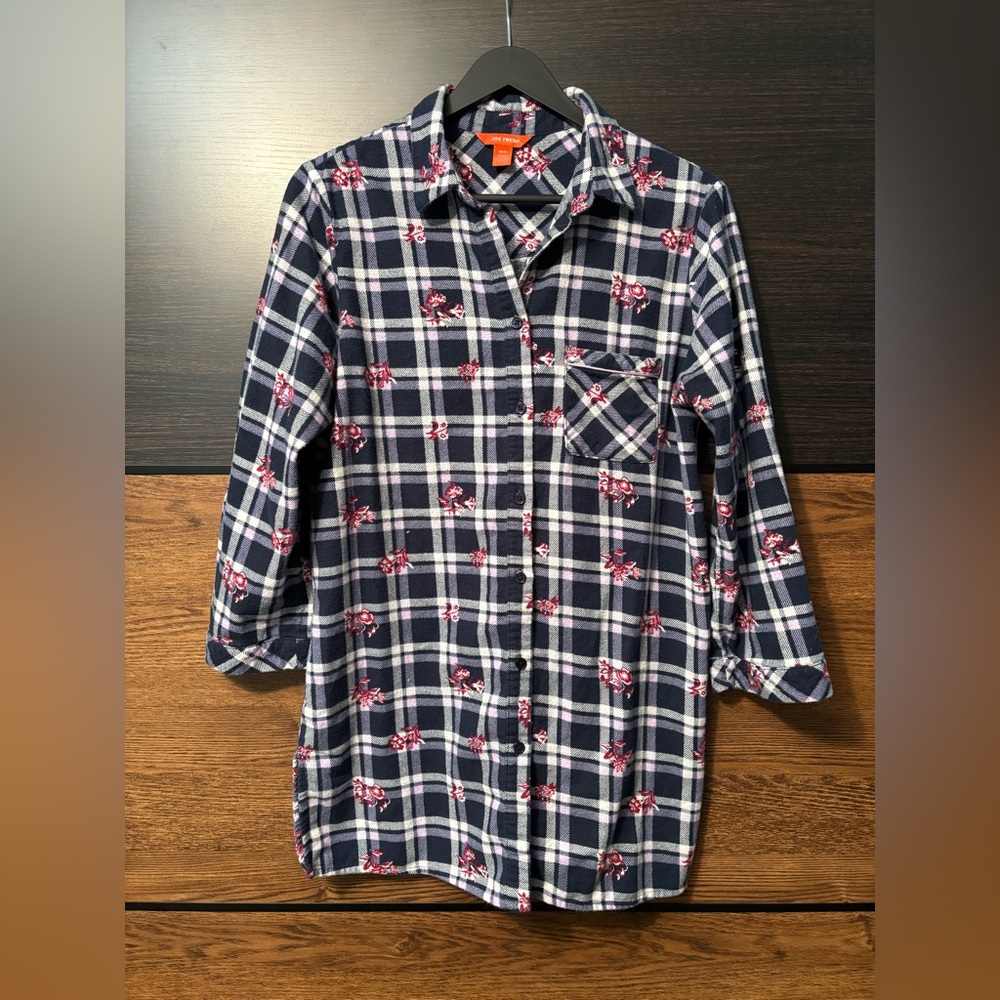 Joe Fresh Long Checkered Shirt with Red Floral Design